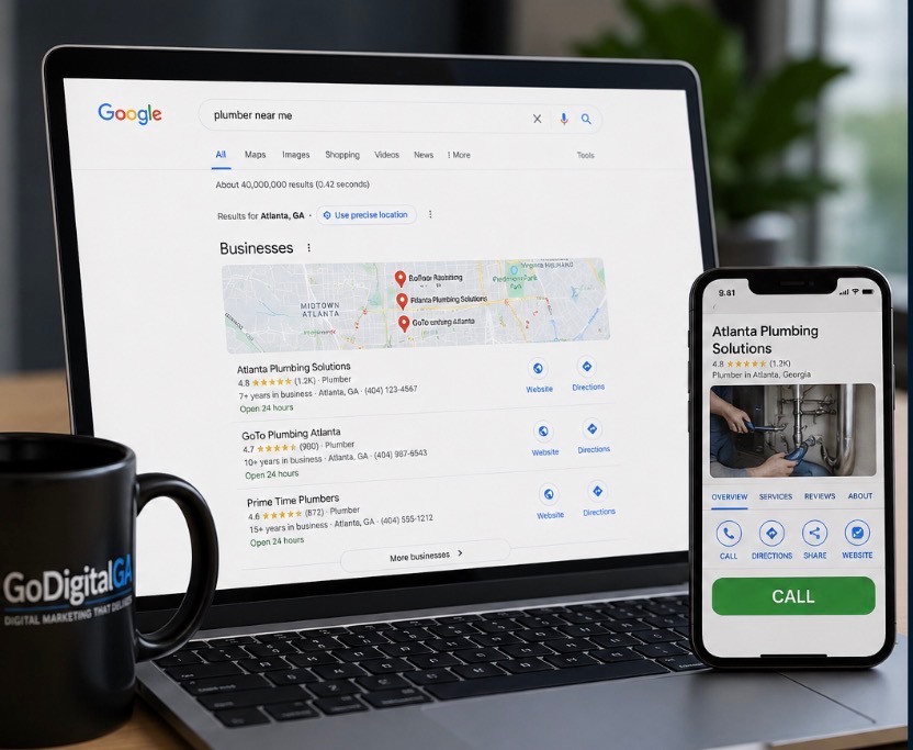 Google local search results showing plumbing businesses on laptop and mobile, illustrating how local businesses appear in Google search