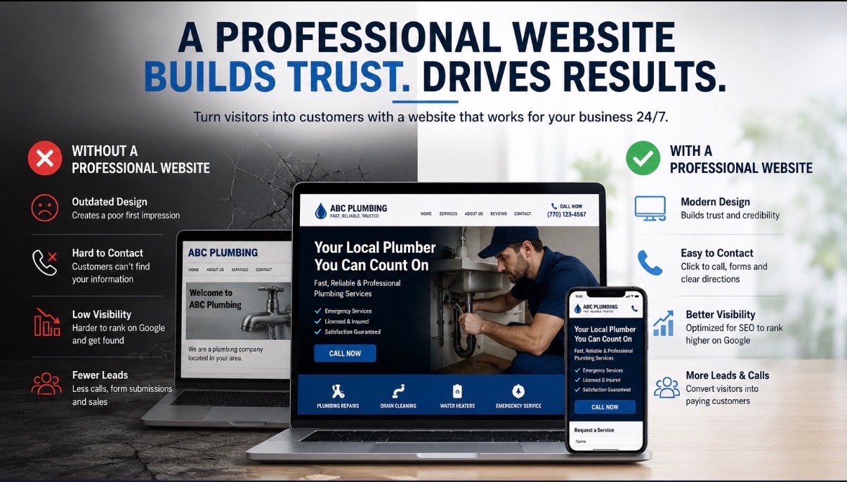 Professional website displayed on laptop and phone showing modern plumbing business design with call-to-action buttons and service icons