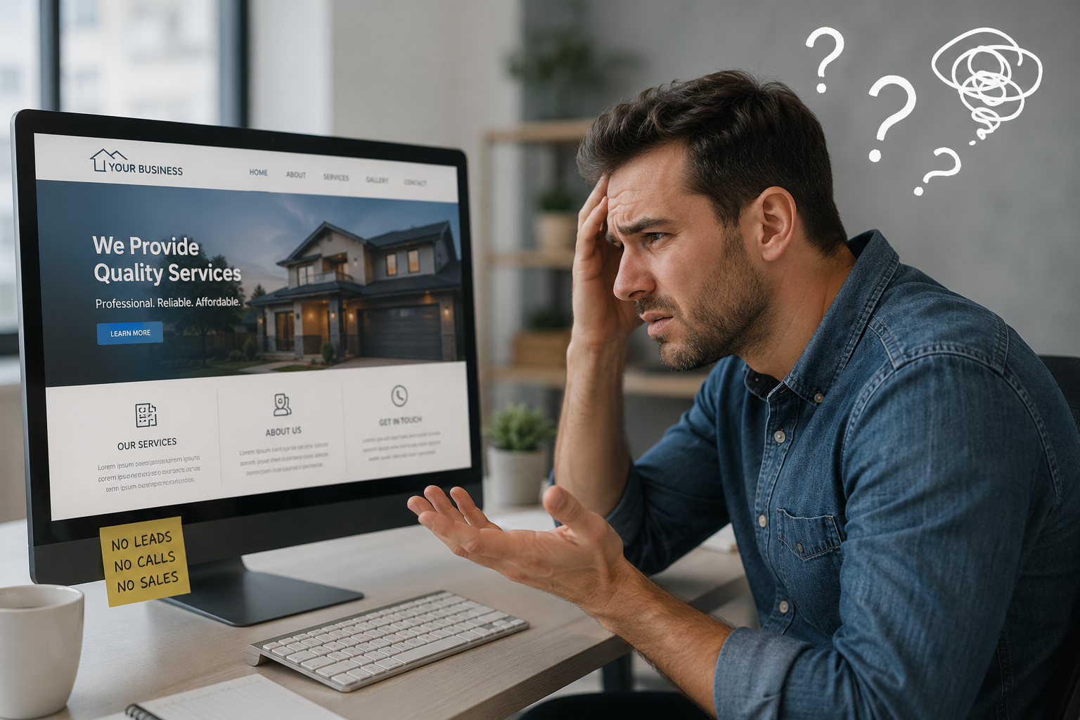 Frustrated business owner looking at a website that isn't generating leads, with sticky note reading no leads, no calls, no sales