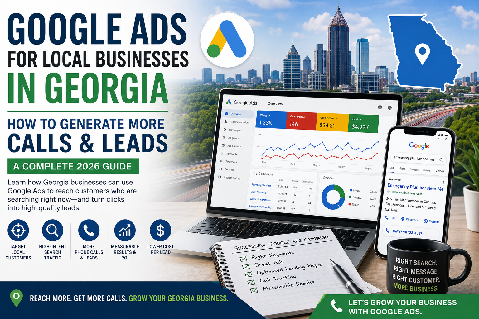 Google Ads for local businesses in Georgia guide showing Google Ads dashboard, Atlanta skyline, Georgia state outline, and smartphone with emergency plumber search ad