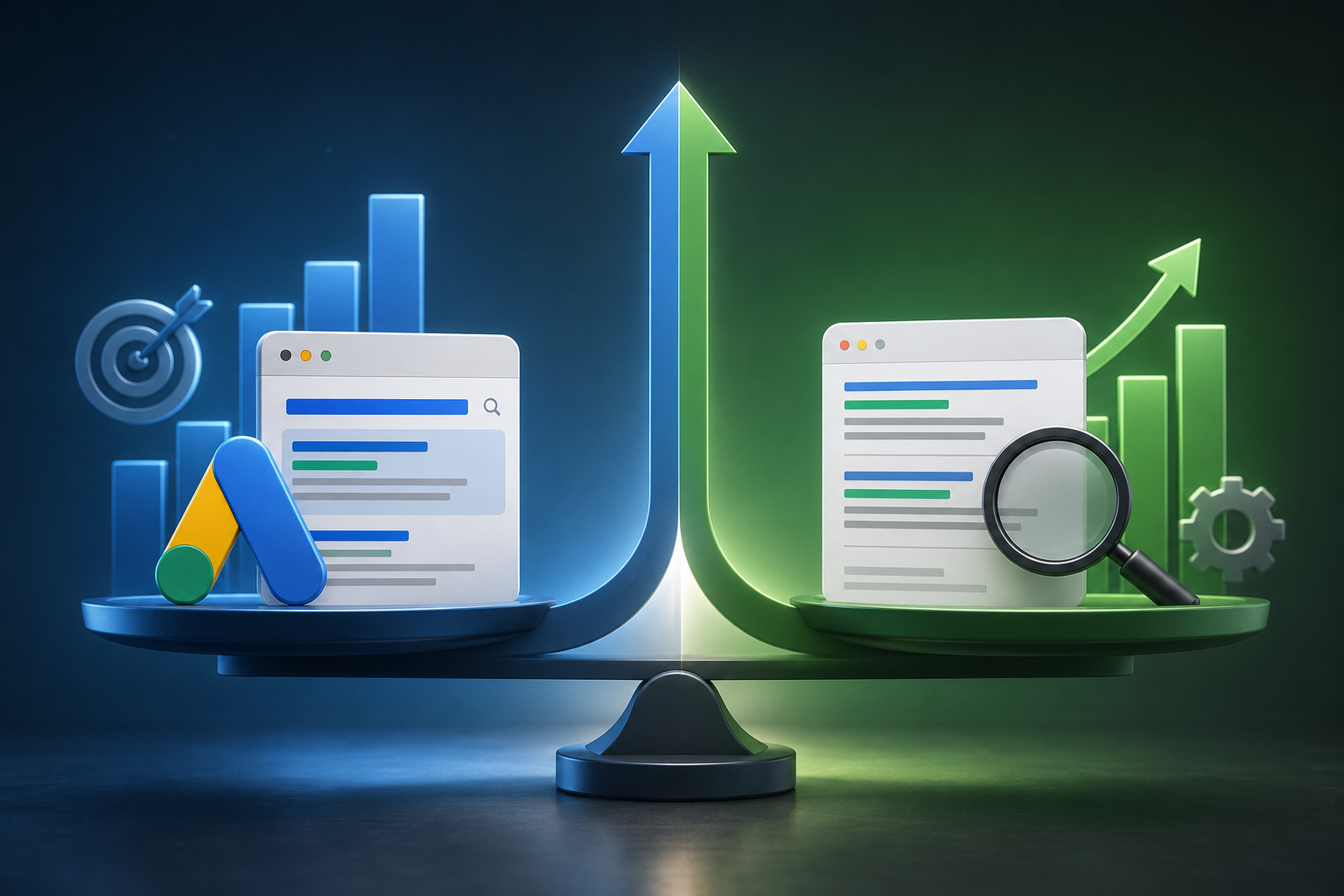 Balanced scale comparing Google Ads and SEO with browser windows, rising charts, and targeting icons symbolizing digital marketing strategy