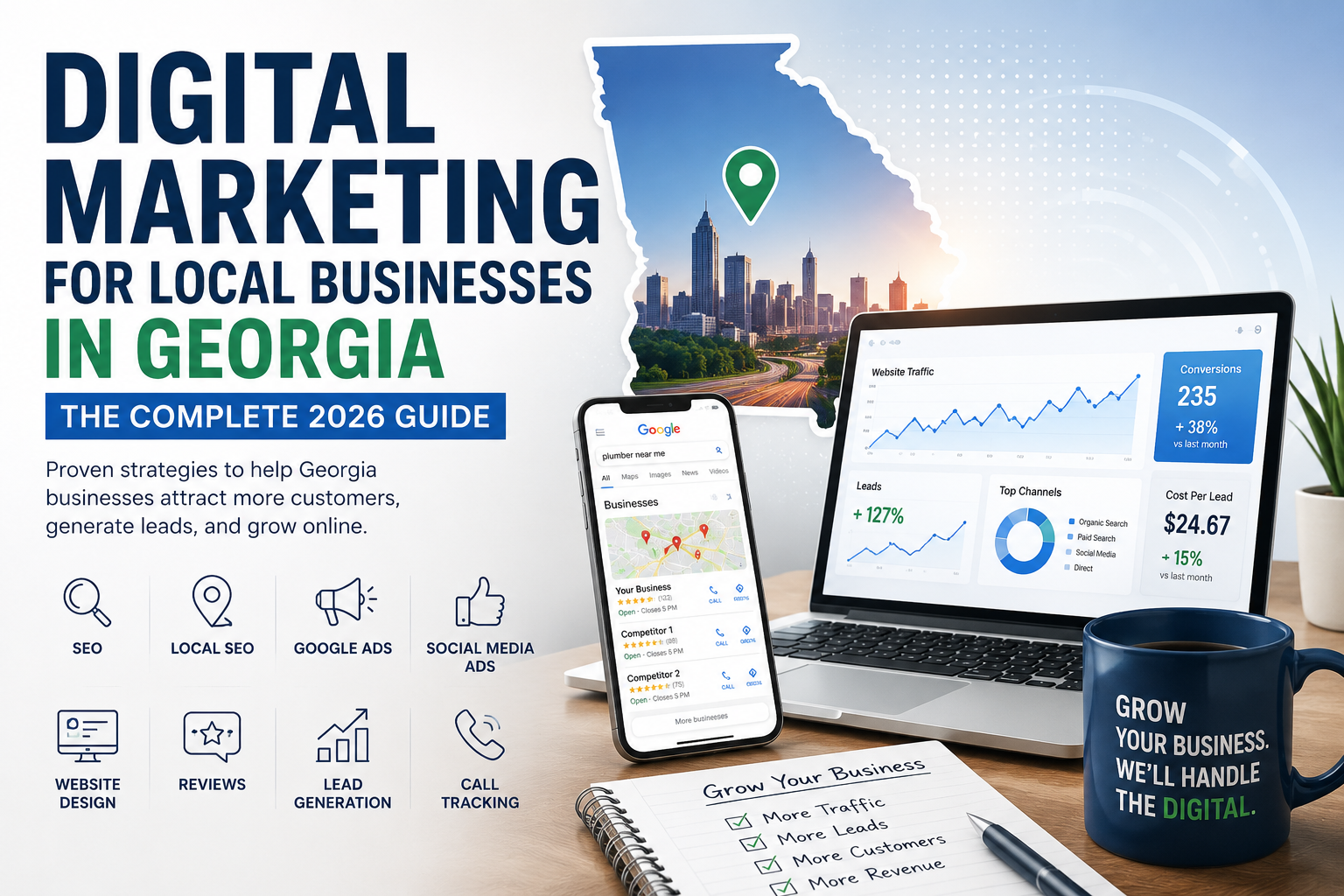 Digital marketing for local businesses in Georgia guide showing Georgia state outline, Atlanta skyline, laptop dashboard, and smartphone with Google search results
